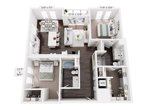 A floor plan of a two-bedroom apartment with dimensions.